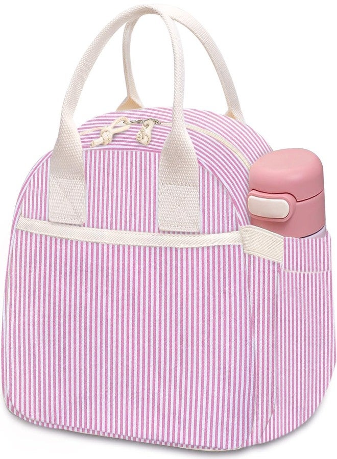 Carry bloom حقيبة غداء Carry bloom للنساء، حقيبة غداء معزولة، حقيبة غداء مخملية لطيفة، حقيبة غداء قابلة لإعادة الاستخدام للعمل (1 مخطط باللونين الوردي والأبيض) - Image 1