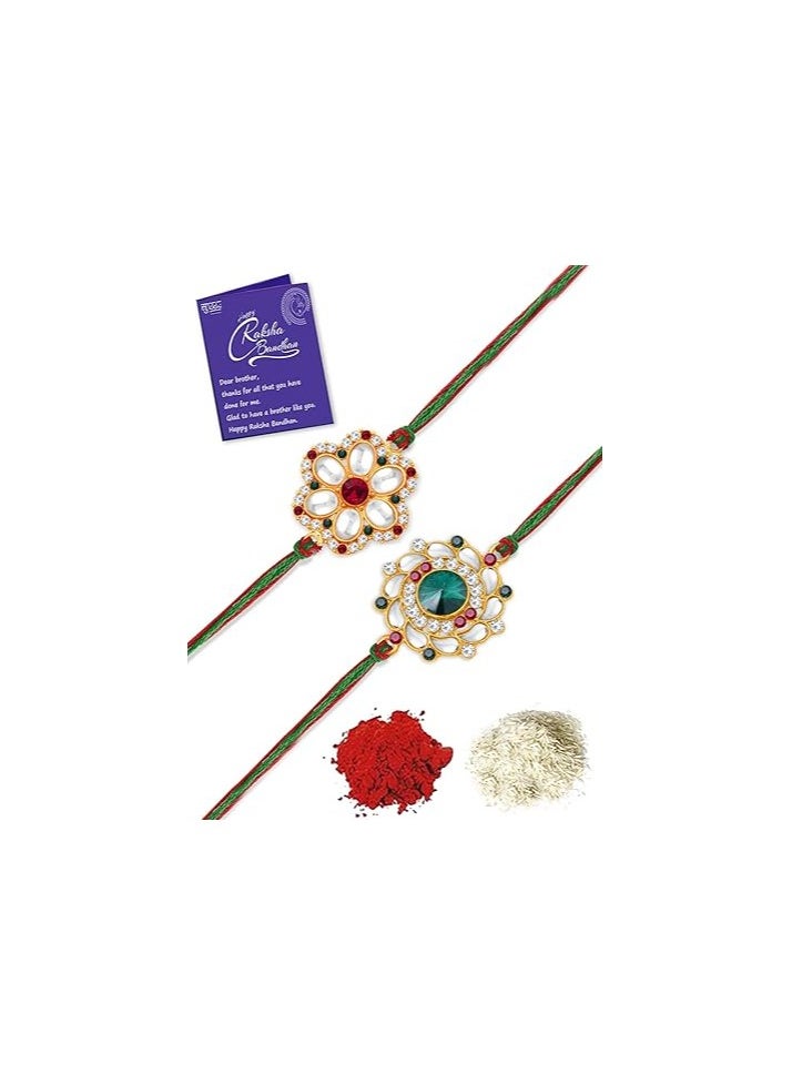 Sukkhi Sukkhi Rakhi Elaborate Kundan Rakhi Combo and Designer Gold Plated Premium Rakhi for Brother, Roli Chawal and Greeting Card|Rakhi for Bhaiya Rakhi for MEN  - Image 1