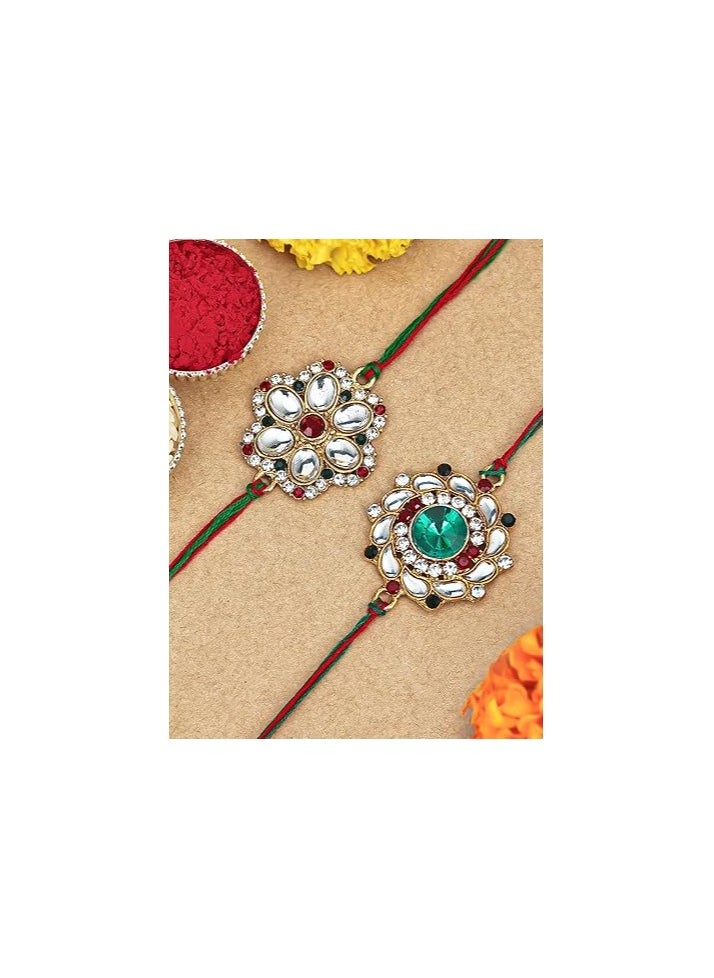 Sukkhi Sukkhi Rakhi Elaborate Kundan Rakhi Combo and Designer Gold Plated Premium Rakhi for Brother, Roli Chawal and Greeting Card|Rakhi for Bhaiya Rakhi for MEN  - Image 2