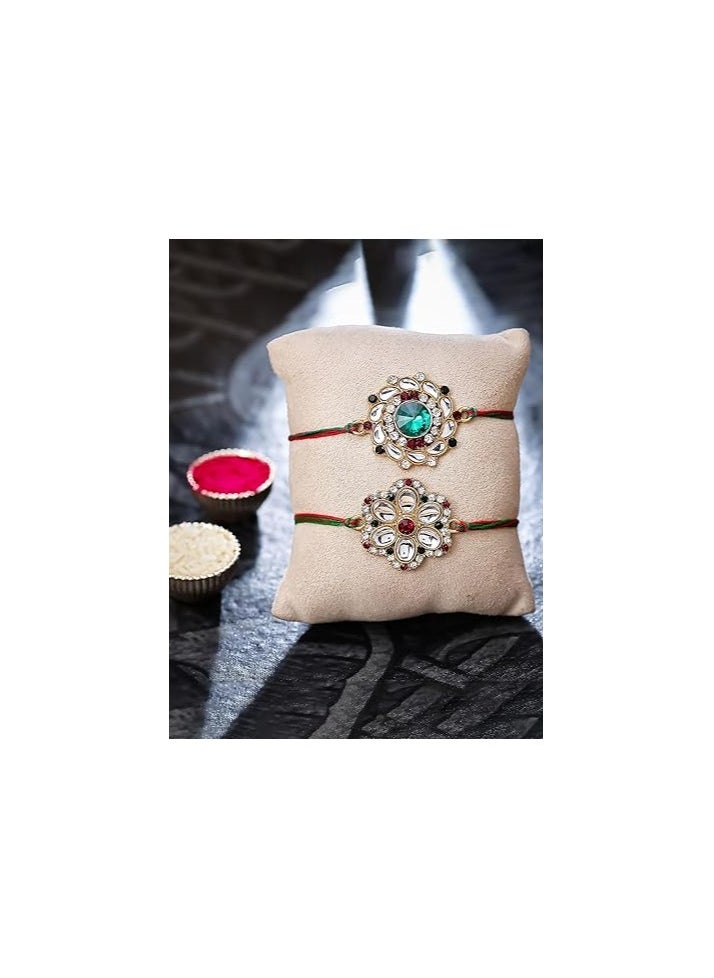 Sukkhi Sukkhi Rakhi Elaborate Kundan Rakhi Combo and Designer Gold Plated Premium Rakhi for Brother, Roli Chawal and Greeting Card|Rakhi for Bhaiya Rakhi for MEN  - Image 3
