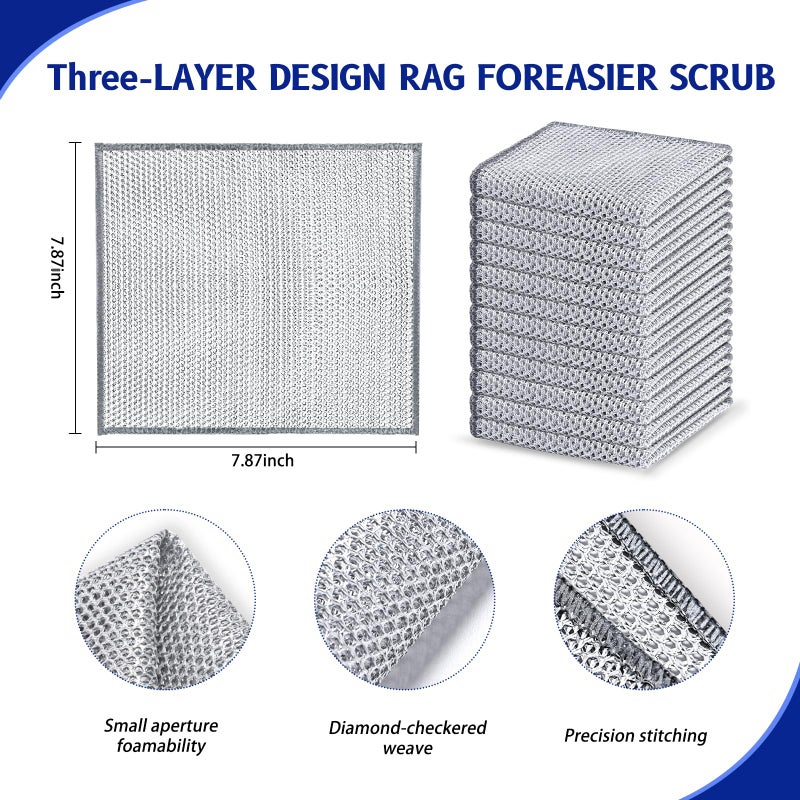 Wangjinpeng 12 PCS 3-Layer Non-Scratch Multipurpose Steel Wire Dishcloths - Reusable Quick-Dry Odor-Free Scrub Cloths for Dishes, Kitchen Cleaning Cloths for Cookware, Sinks, Stove Tops(7.87X7.87) - Image 2