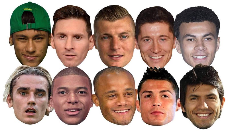 STAR CUTOUTS SMP371 Football World Super Party 10 Masks Pack includes Ronaldo, Aguero, Messi, Kroos, Lewandowski, Mbappe, Griezmann Amazing Talking Point for Tournament Football Fans - Image 1