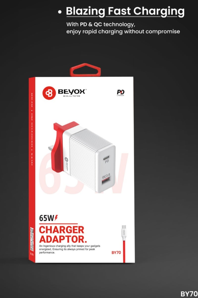 BEYOX 65W Fast PD Charger Adapter with 1m Type-C to Type-C Cable – High-Speed Wall Charger for Laptops, Tablets & Smartphones BY70 - Image 2