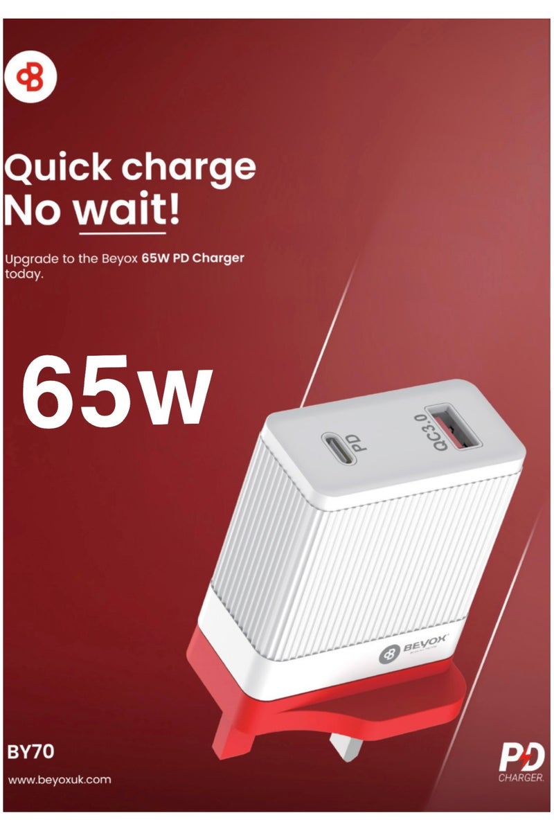 BEYOX 65W Fast PD Charger Adapter with 1m Type-C to Type-C Cable – High-Speed Wall Charger for Laptops, Tablets & Smartphones BY70 - Image 1