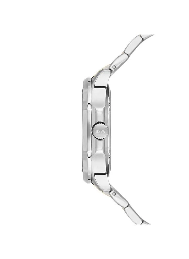 يو اس بولو اسن ساعة يد رجالية فضية بسوار ستانلس ستيل وميناء أخضر تناظرية  ملم