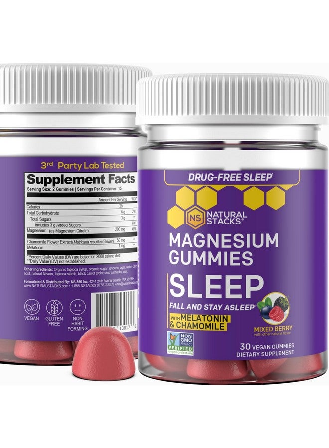 Natural Stacks جواهر المغنيسيوم للنوم مع الميلاتونين - 200 ملغ سترات المغنيسيوم - جواهر الميلاتونين لجودة النوم - مساعدة ليلية للبالغين مع البابونج - 30 حبة توت مختلطة - Image 1