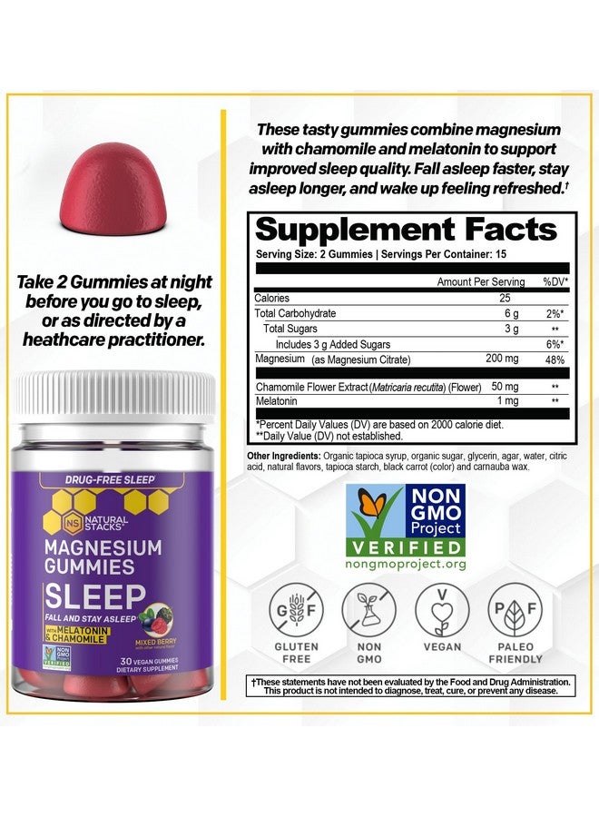 Natural Stacks جواهر المغنيسيوم للنوم مع الميلاتونين - 200 ملغ سترات المغنيسيوم - جواهر الميلاتونين لجودة النوم - مساعدة ليلية للبالغين مع البابونج - 30 حبة توت مختلطة - Image 2