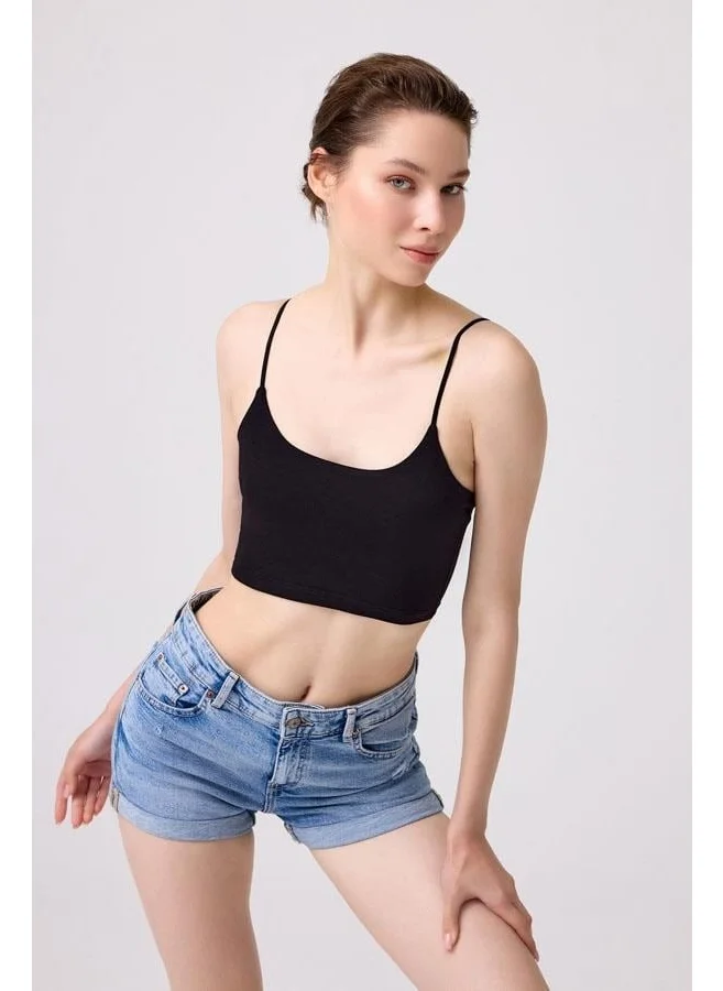 كوتن هيل Black Cotton Thin Strap Women's Crop Top Bustier