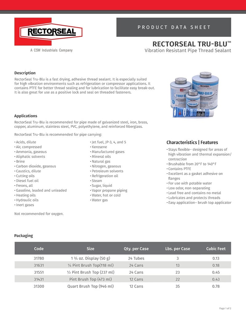 Rectorseal Tru-Blu Pipe Thread Sealant - 16 oz Can with Brush Top, Vibration Resistant, Blue - Image 3