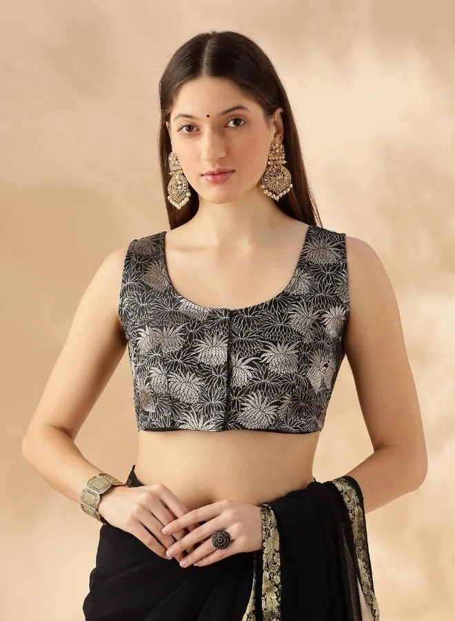 Abhishti sleeveless deep neck zari banarasi blouse-Black