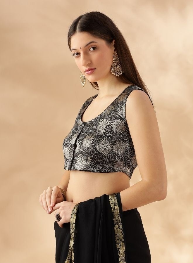 Abhishti sleeveless deep neck zari banarasi blouse-Black  - Image 3