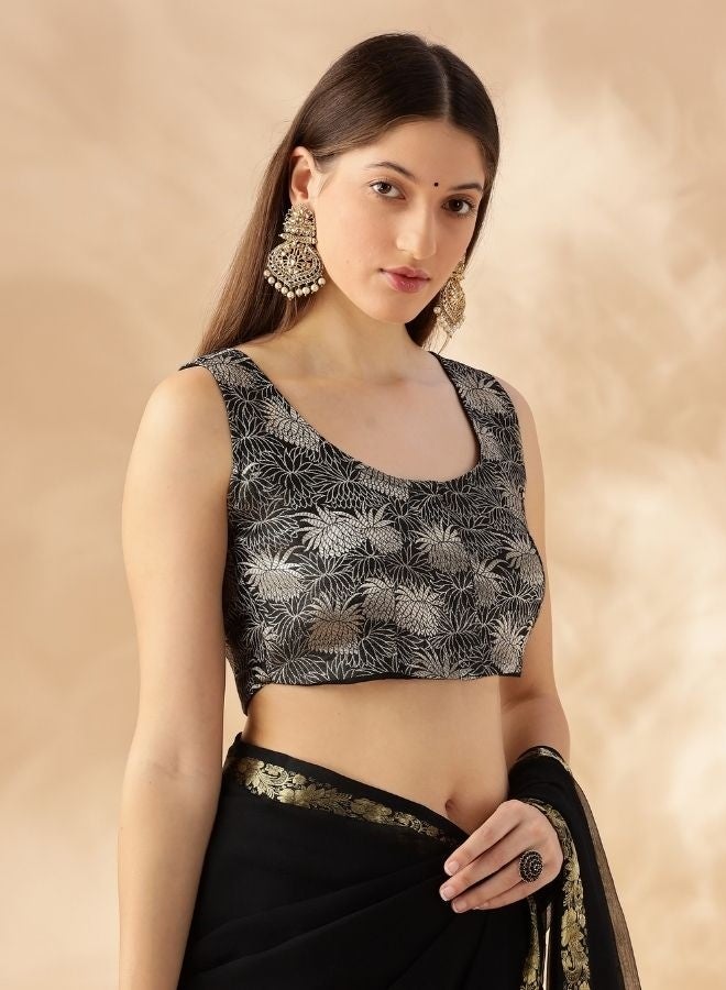 Abhishti sleeveless deep neck zari banarasi blouse-Black  - Image 4