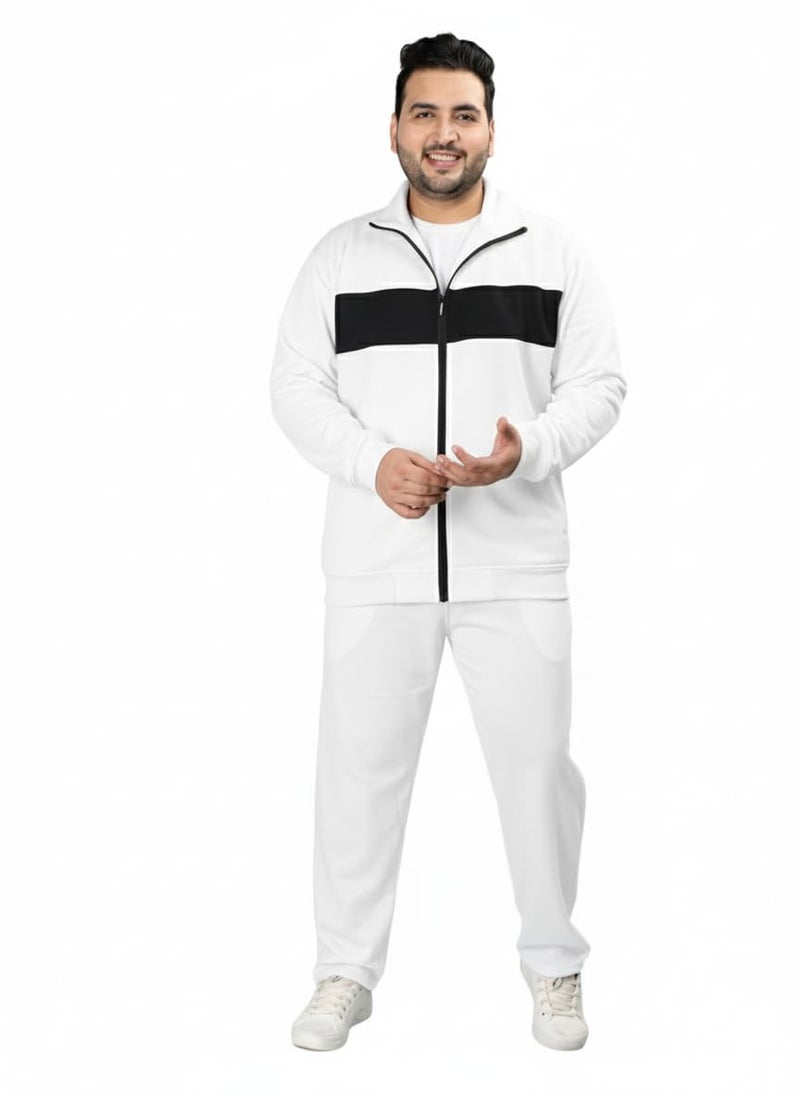 CHKOKKO Mens Plus Size High Neck Winter Tracksuit Full Zip Jacket with Elastic Waist Lower Warm Soft Jogging Suit Activewear Set for Gym Running and Casual Wear WhiteBlack S - Image 4