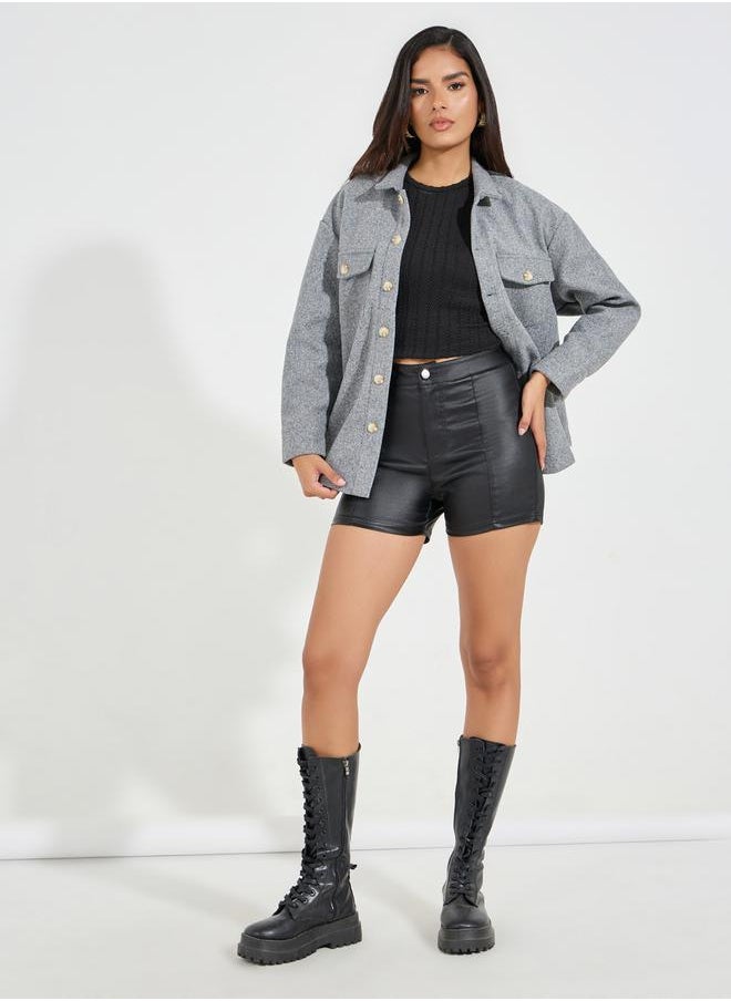 Styli Solid Leather Look Skinny Fit Shorts  - Image 1