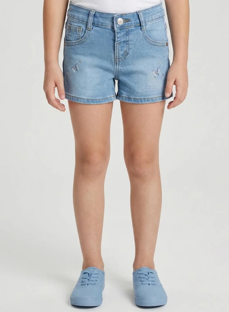 بيبي كلو Girls Butterfly Print Adjustable Waist Denim Shorts