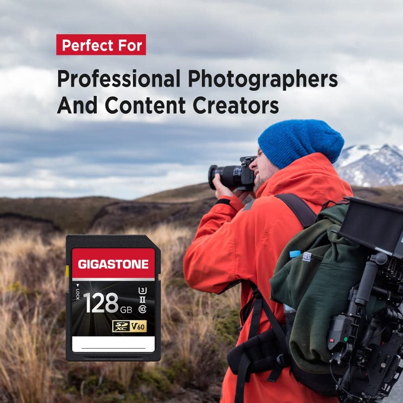 Gigastone GIGASTONE 128GB SD Card UHS-II V60 U3 SDXC Memory Card High Speed Read up to 250MB/s 4K Ultra HD UHD Video for DSLR Canon Nikon Sony Pentax Kodak Olympus Panasonic Digital Camera, with 1 Mini case - Image 4