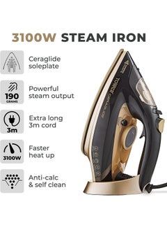 Tower Tower T22021GLD Ceraglide Steam Iron with Fast Heat Up, Extra Long 3 Metre Power Cord, 3100W, Black and Gold  - Image 2