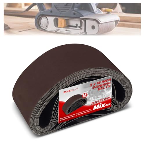 makiwork 3 x 18 Inch 75 x 457 mm Sanding Belts Set - 15-Pack with 80/120/150/240/400 Grits, Aluminum Oxide Abrasive Belts for Woodworking - Image 1