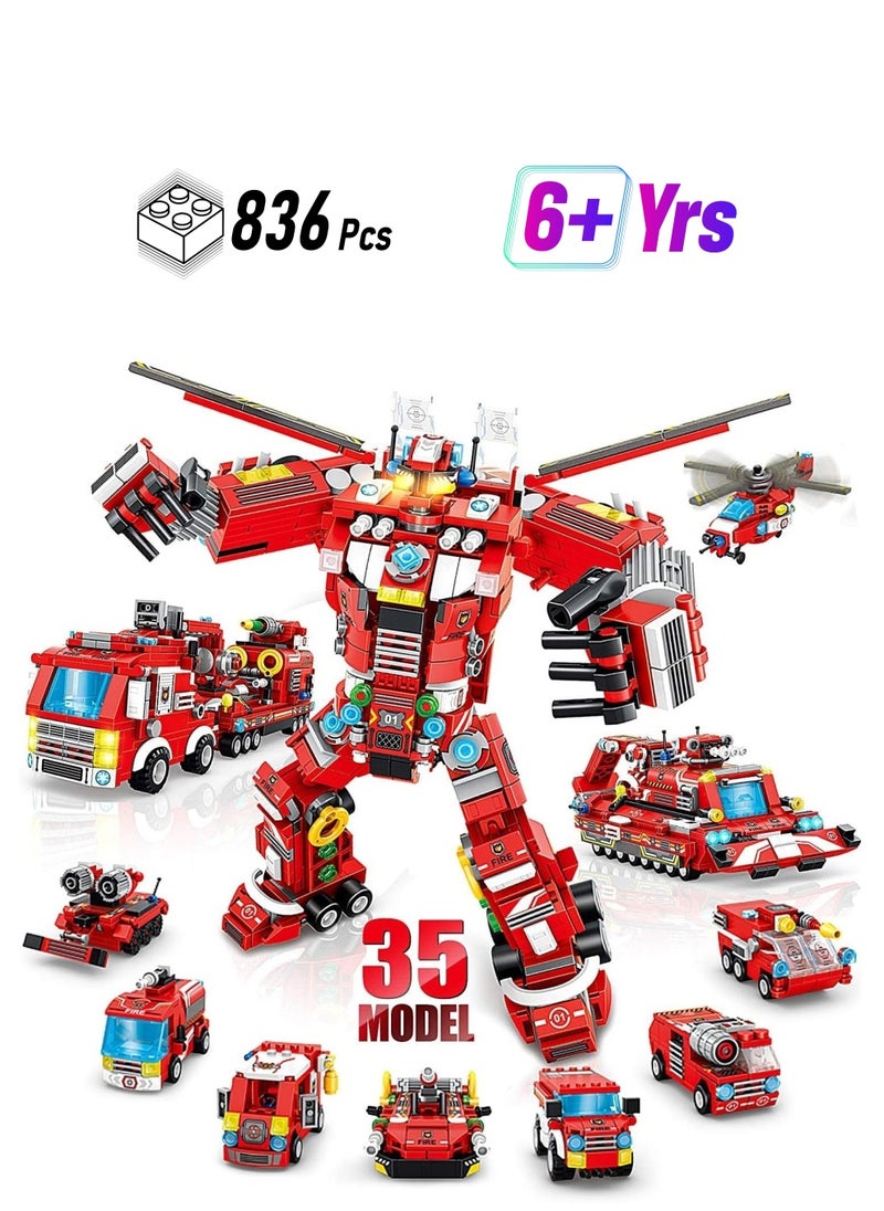 Fire Robot STEM Building Toys, 836 PCS Creative Construction Truck Blocks 35 in 1 Educational Bricks City Rescue Vehicles Kit Gift for Kids Boys Age 6+ Year Old  - Image 1