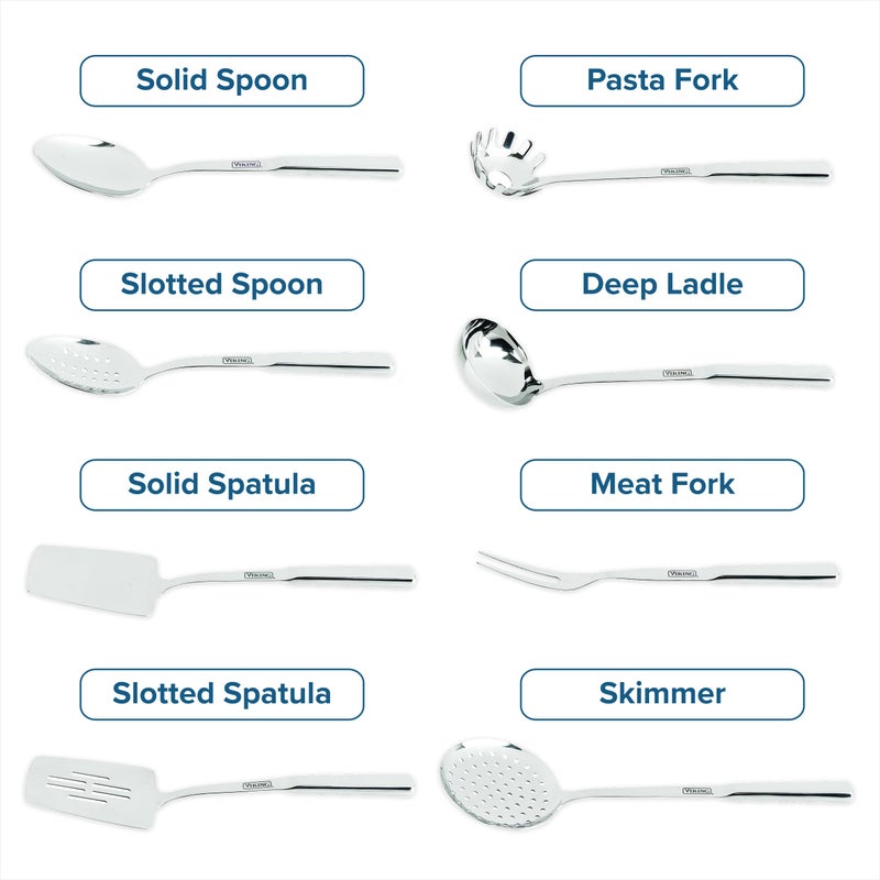 Viking Kitchen Utensils Set, 8 Piece Stainless Steel Cooking Utensil Set, Includes Spatulas, Spoons, Pasta Fork, Deep Ladle, Meat Fork, and Skimmer, Silver - Image 4