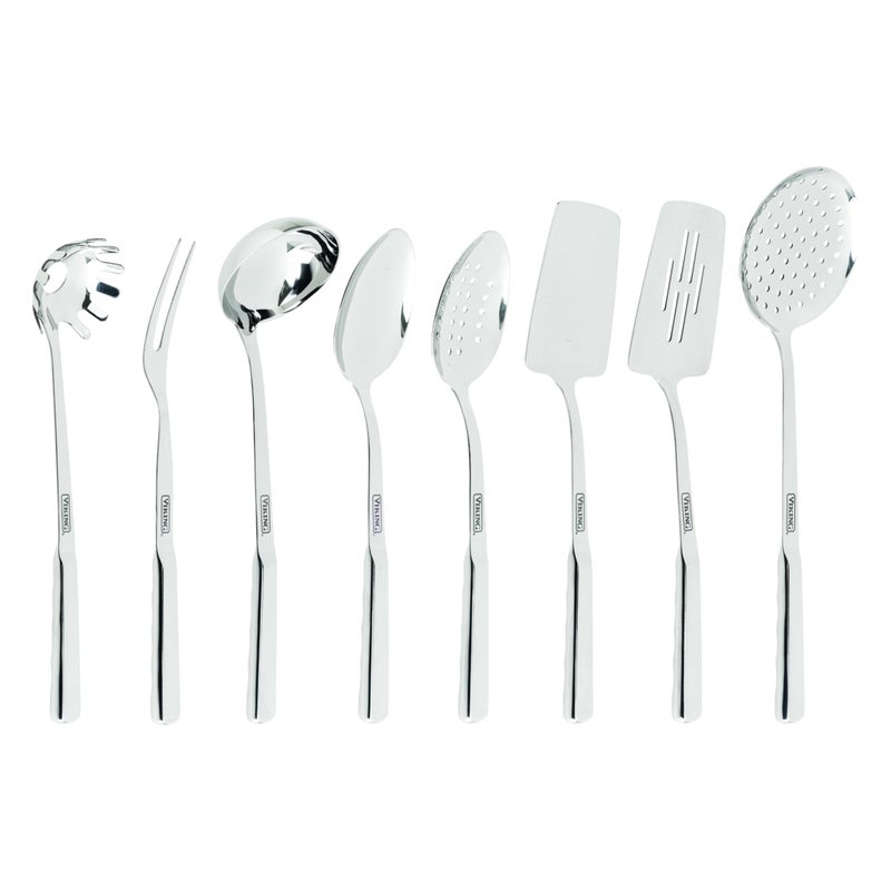 Viking Kitchen Utensils Set, 8 Piece Stainless Steel Cooking Utensil Set, Includes Spatulas, Spoons, Pasta Fork, Deep Ladle, Meat Fork, and Skimmer, Silver - Image 1