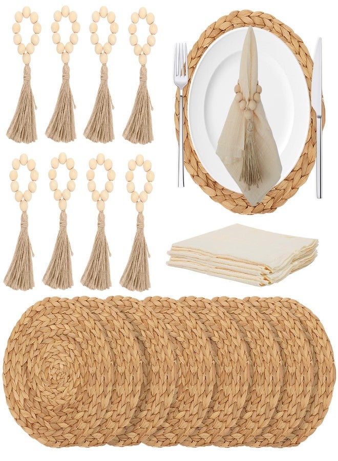 HEYTIMI 24 PCS Round Woven Placemats Set, 8 Boho Rattan Tablemats 13" Natural Water Hyacinth Farmhouse Place Mats with 8 Napkin, 8 Wooden Beads Napkin Ring for Kitchen Dining Table Decor Wedding Christmas - Image 1