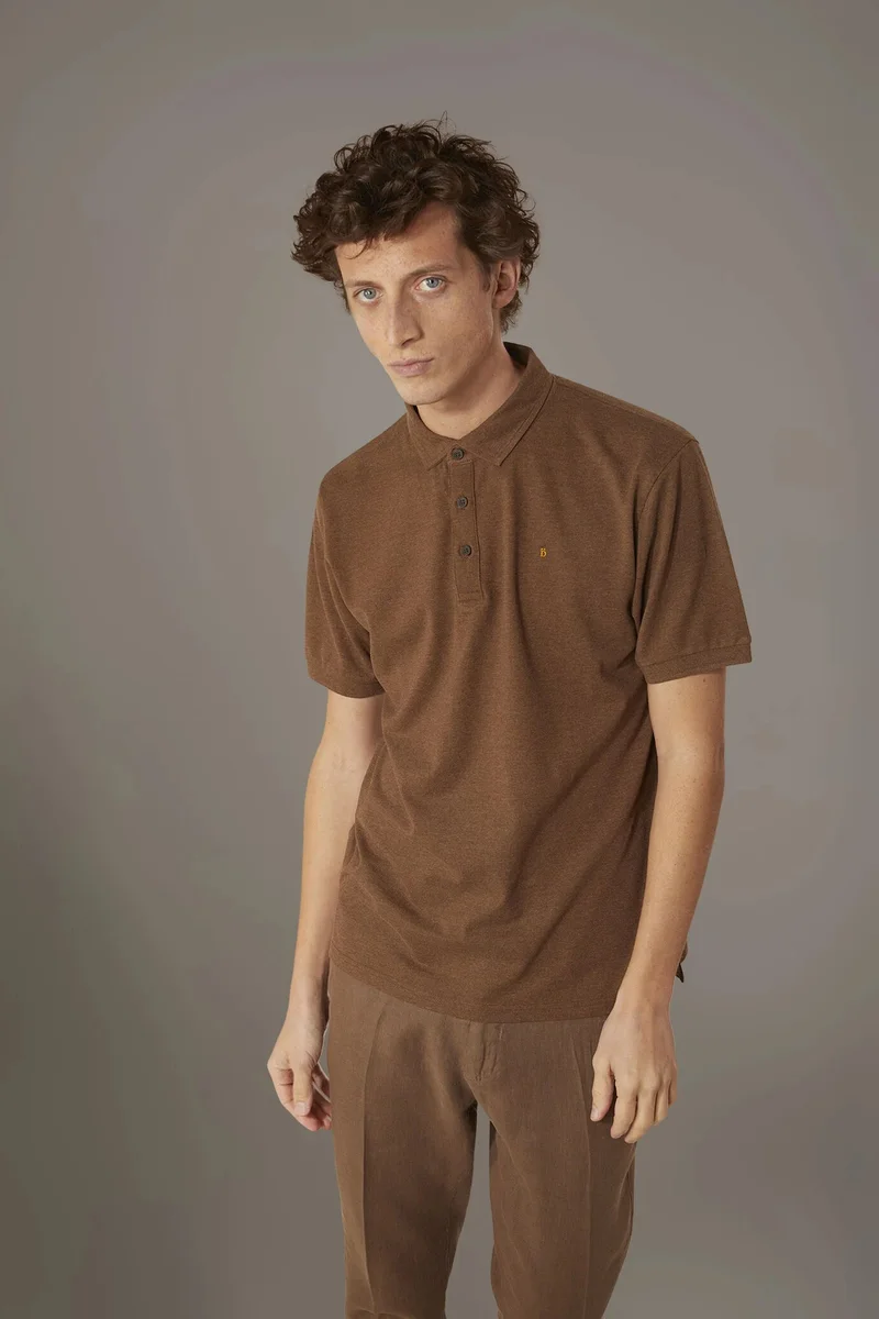 Short sleeves melange polo cotton blend - Brown