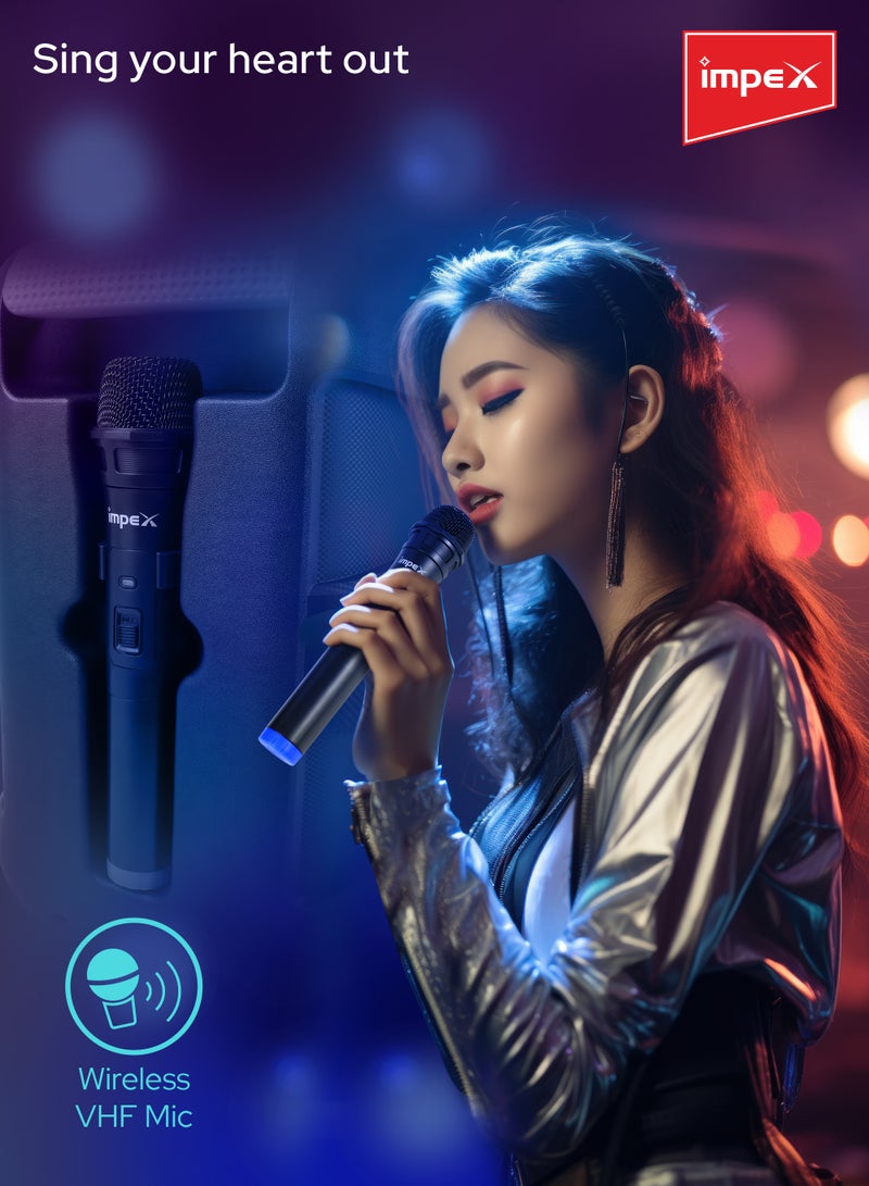 إمبكس مكبر صوت متنقل مزود بعجلات بقدرة 800 وات PMPO، مكبر صوت بشاشة LED - BT/FM/USB/TF/AUX، TWS، ميكروفون لاسلكي، أضواء LED، بطارية قابلة لإعادة الشحن، شحن من النوع C أسود - Image 4