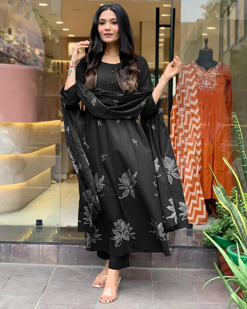 GoSriKi Black GoSriKi Women's Rayon Viscose Anarkali Printed Kurta with Pant & Dupatta (Gangori Black-GS_L_Black_Large) for Women | Best Price UAE