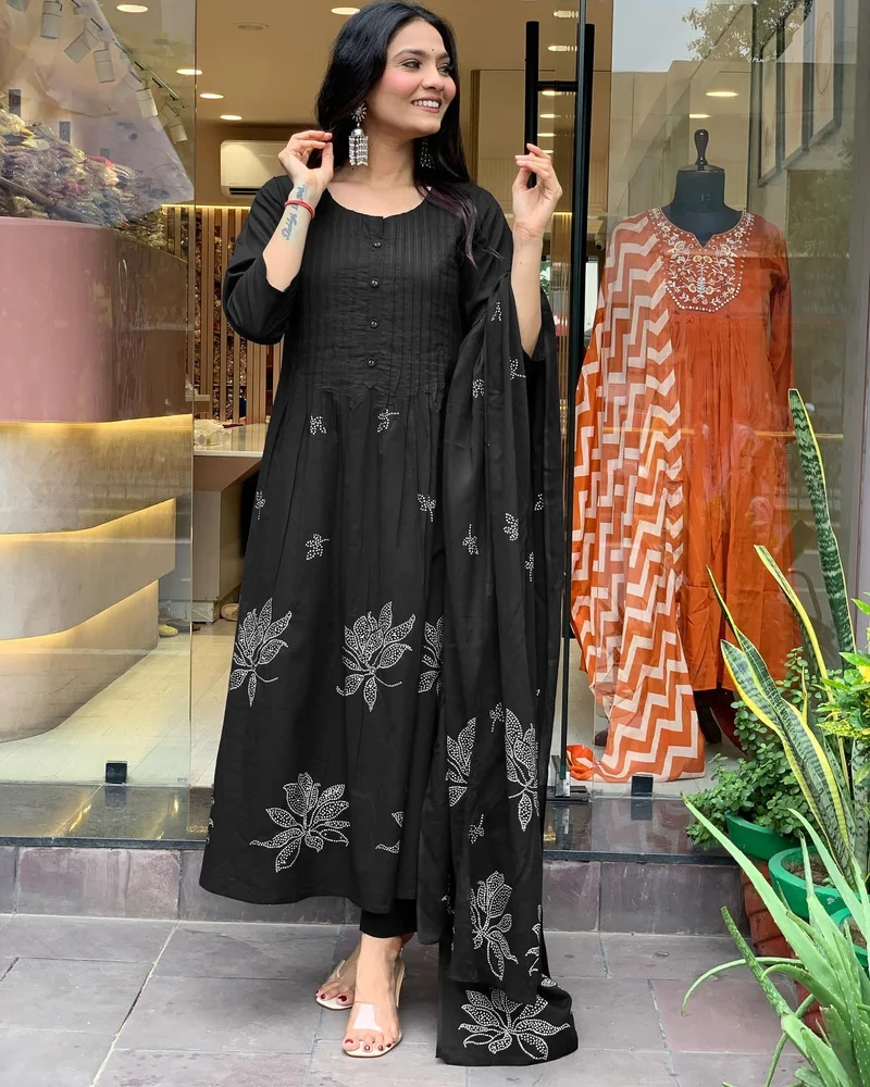 GoSriKi Black GoSriKi Women's Rayon Viscose Anarkali Printed Kurta with Pant & Dupatta (Gangori Black-GS_L_Black_Large) for Women | Best Price UAE