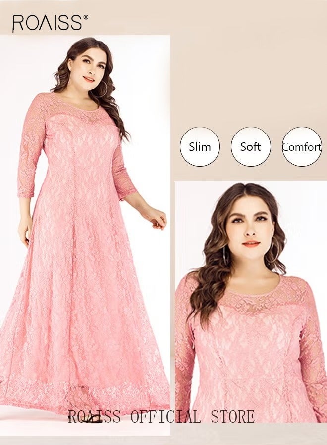 roaiss Plus Size Abaya Long Dress Lace Hollow Pattern Skirt in Wide Hem Stylish Formal Evening Gown  - Image 3