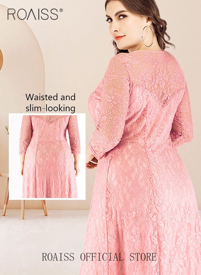 roaiss Plus Size Abaya Long Dress Lace Hollow Pattern Skirt in Wide Hem Stylish Formal Evening Gown  - Image 5
