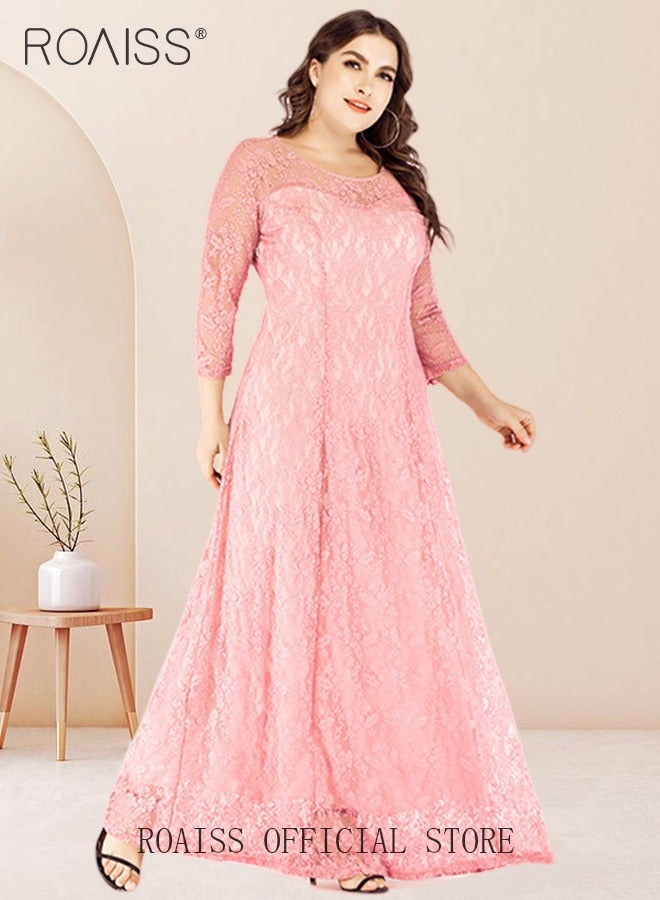 roaiss Plus Size Abaya Long Dress Lace Hollow Pattern Skirt in Wide Hem Stylish Formal Evening Gown  - Image 4