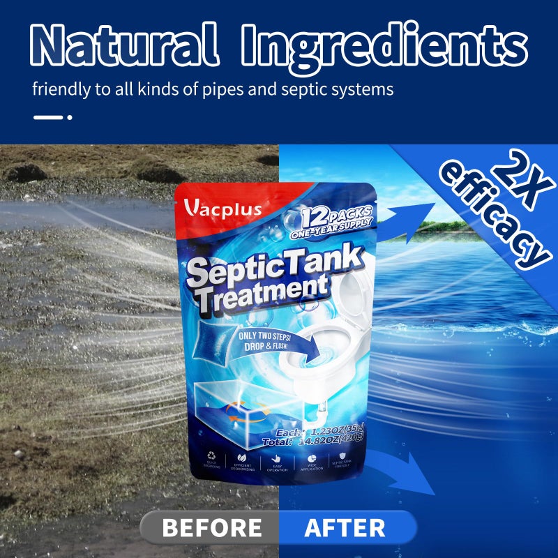 Vacplus Septic Tank Treatment 12 Pcs for 1-Year Supply, Dissolvable Packs with Easy Operation, Durable Biodegradable Enzymes for Wastes, Greases & Odors, Blue, 2X Efficiency - Image 2