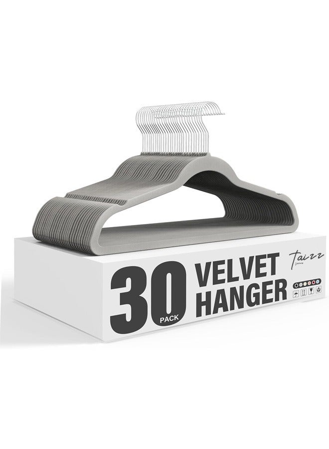 Taizz Ventures 30-Pack Non-Slip Velvet Hangers with Shoulder Notches, Space-Saving Ultra-Thin Design, 360° Swivel Hooks for Closet Organization, Velvet Clothes Hangers - Grey - Image 1