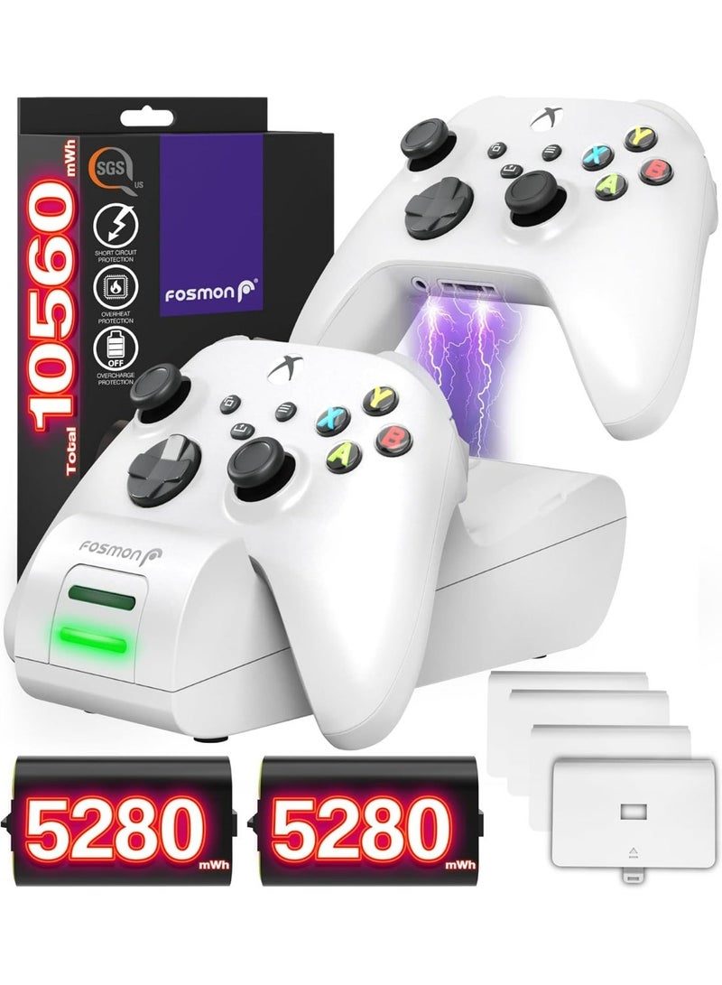 Fosmon Fast Charging Xbox Controller Charger Station for Xbox Series X | S, Xbox One, Elite w/ 2X 5280mWh Rechargeable Battery Packs, 4 Covers & Dock Stand - White - Image 1