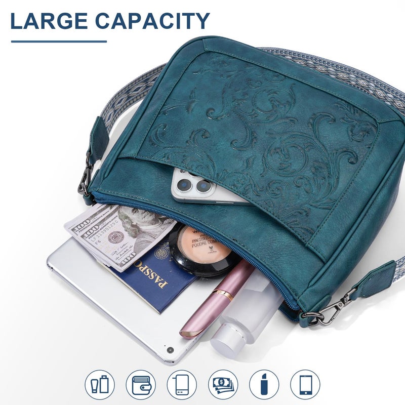 VIMUTI Crossbody Bags for Women,Vegan Leather Crossbody Purse with Adjustable Strap Embossed Flower Women's Shoulder Handbags (07-Peacock blue) - Image 3