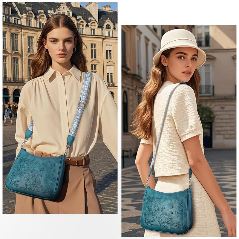 VIMUTI Crossbody Bags for Women,Vegan Leather Crossbody Purse with Adjustable Strap Embossed Flower Women's Shoulder Handbags (07-Peacock blue) - Image 2