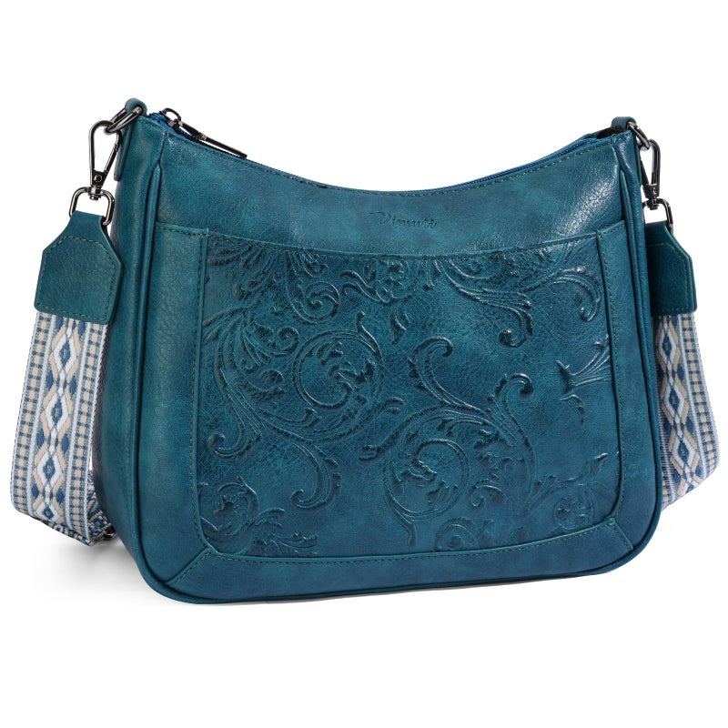 VIMUTI Crossbody Bags for Women,Vegan Leather Crossbody Purse with Adjustable Strap Embossed Flower Women's Shoulder Handbags (07-Peacock blue) - Image 1