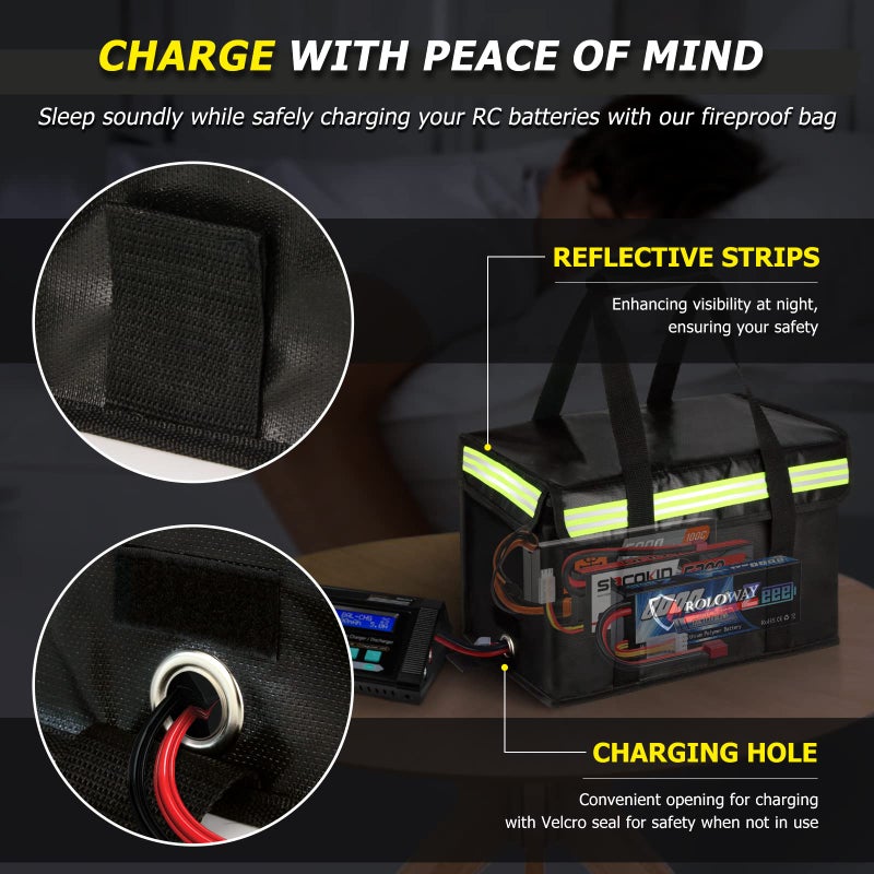 ROLOWAY Lipo Battery Bag (15 x 8.5 x 10 inch), Large Fireproof Lipo Ebike Bag with Comfortable Handle, Reflective Strip - Image 3