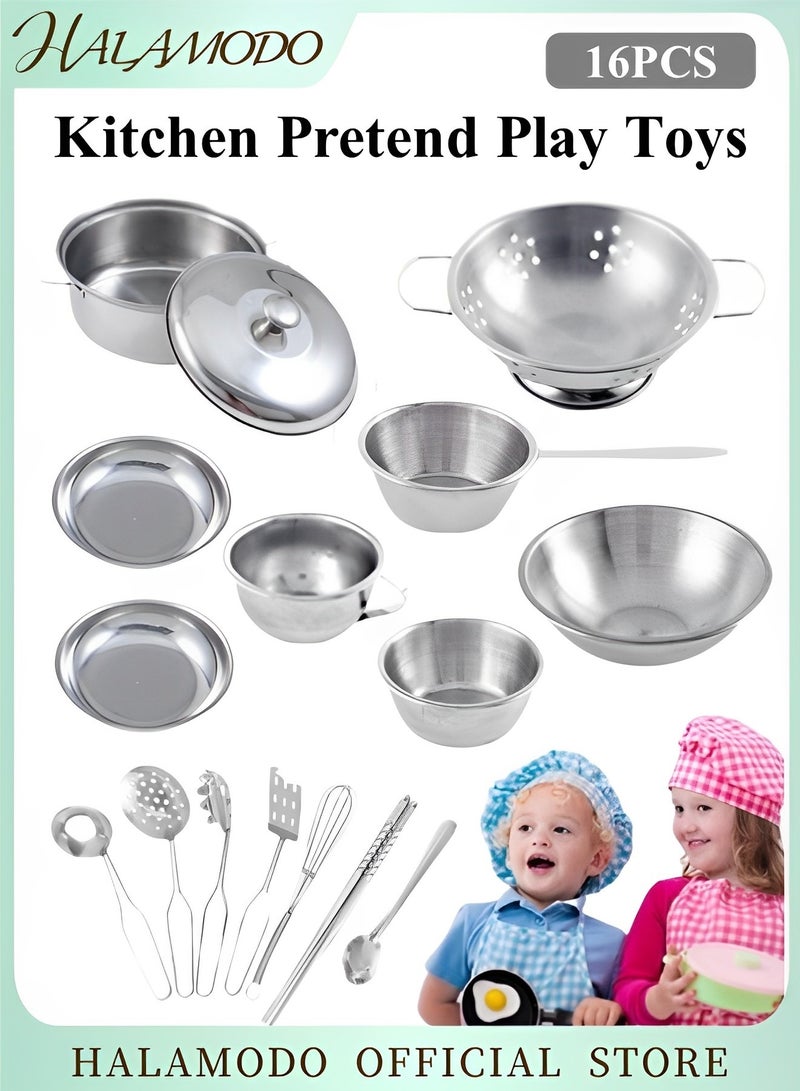 هالامودو 16 قطعة من ألعاب التظاهر باللعب في المطبخ مع مجموعة أواني وأواني طهي من الفولاذ المقاوم للصدأ أواني طبخ وإكسسوارات لعب المطبخ ألعاب أطفال وبنات وأولاد وأطفال صغار - Image 1