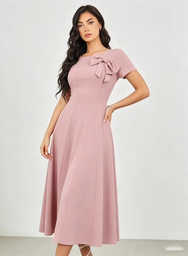 Take Two Blush Pink Bow Detail A-Line Midi Dress