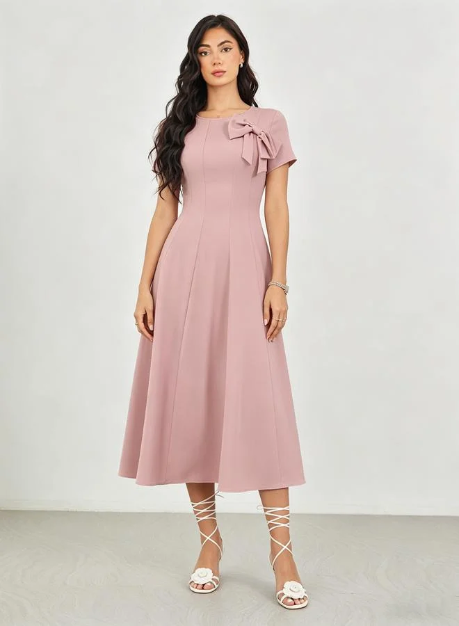 Take Two Blush Pink Bow Detail A-Line Midi Dress