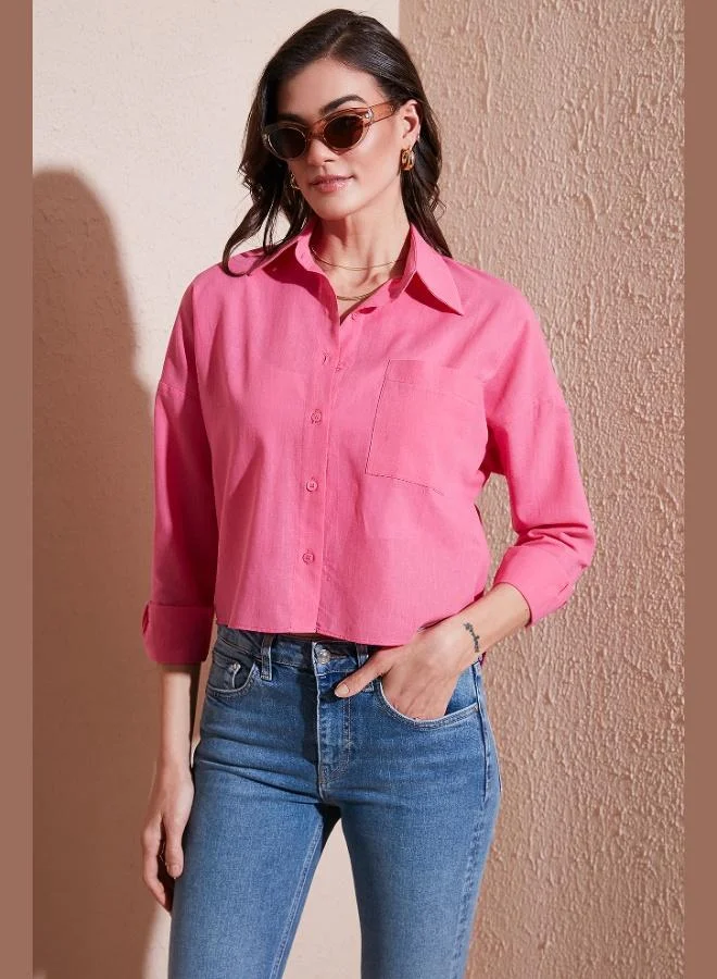 ليلا قميص نسائي قطن وكتان بقصة عادية، قصير من الأمام وطويل من الخلف