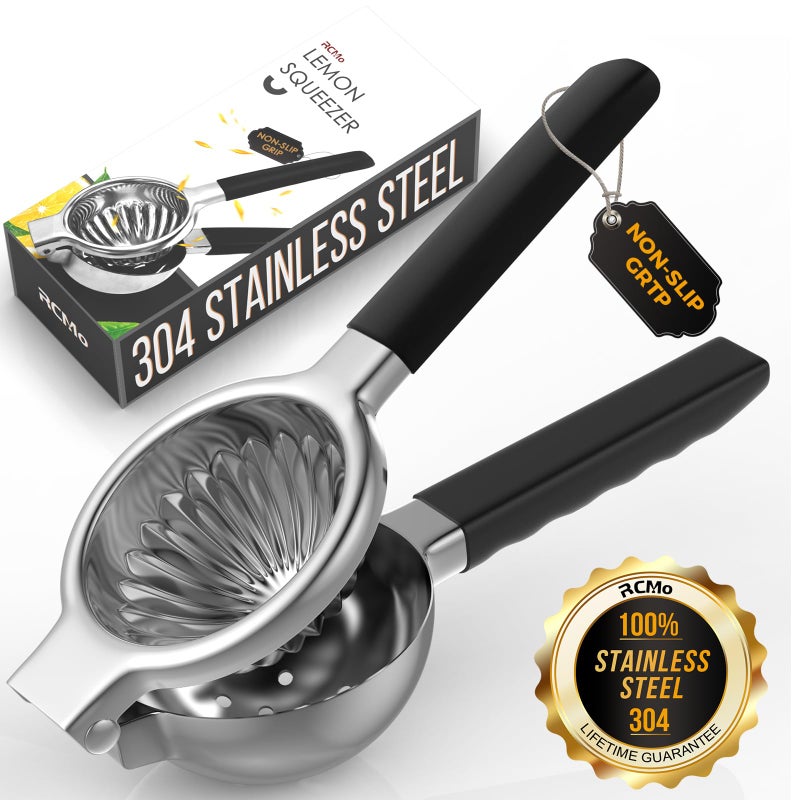 RCMo Stainless Steel Lemon Squeezer - Metal Citrus Juicer - Lime Lemon and Fruit Juicer with Silicone Handles - Large Manual Citrus Press Juicer - Hand Held Squeezer - Ergonomic Design with Solid - Image 1