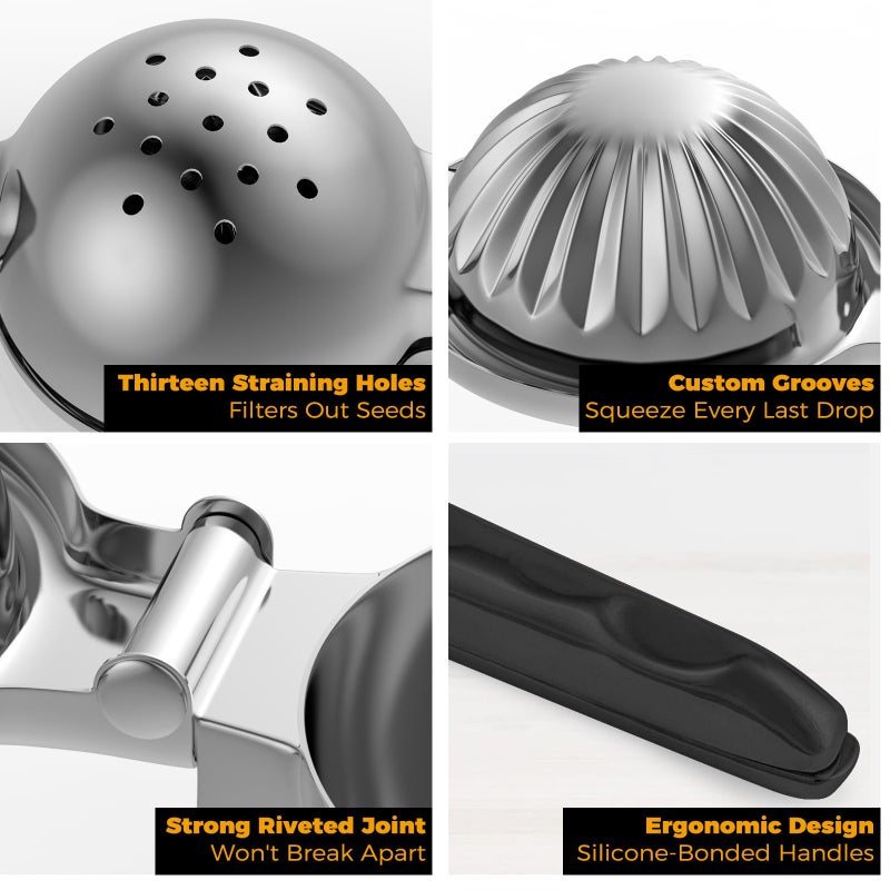 RCMo Stainless Steel Lemon Squeezer - Metal Citrus Juicer - Lime Lemon and Fruit Juicer with Silicone Handles - Large Manual Citrus Press Juicer - Hand Held Squeezer - Ergonomic Design with Solid - Image 4