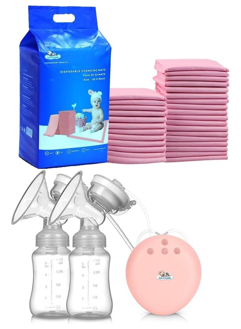 لطف وحضن حصائر تغيير الأطفال كيوت آند كادل – عبوة 240 قطعة (60×90 سم، وردي)، ناعمة، مقاومة للماء وذات امتصاص فائق، مع مضخة حليب كهربائية مزدوجة، بدون استخدام اليدين، قابلة للارتداء، هادئة، قابلة لإعادة الشحن مع شاشة LED ووحدة تخزين. - Image 1