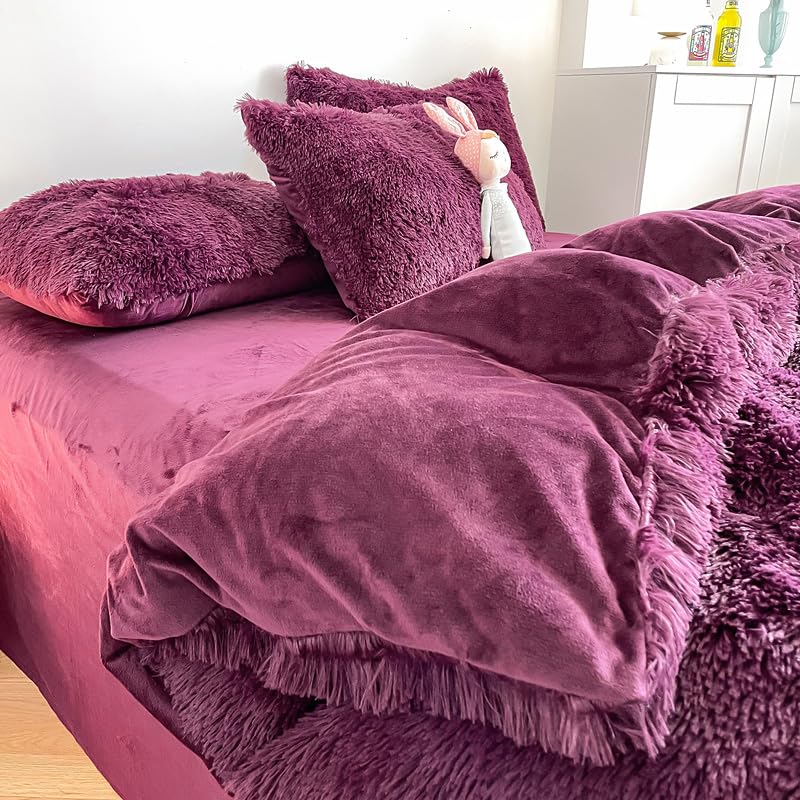 chovy Faux Fur Plush Grape Purple Comforter Sets Queen - Ultra Soft Shaggy Flannel Velvet Fluffy Fuzzy 3PC Bedding Set (Comforter x 1 Pillowcases x 2) - Image 5