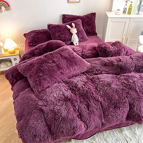 chovy Faux Fur Plush Grape Purple Comforter Sets Queen - Ultra Soft Shaggy Flannel Velvet Fluffy Fuzzy 3PC Bedding Set (Comforter x 1 Pillowcases x 2) - Image 3