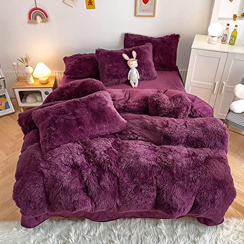chovy Faux Fur Plush Grape Purple Comforter Sets Queen - Ultra Soft Shaggy Flannel Velvet Fluffy Fuzzy 3PC Bedding Set (Comforter x 1 Pillowcases x 2) - Image 1